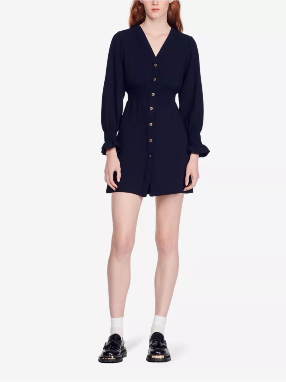 Sandro Kylie Ruffle-Trimmed Crepe Mini Dress, Navy, Size 38 (US 6)